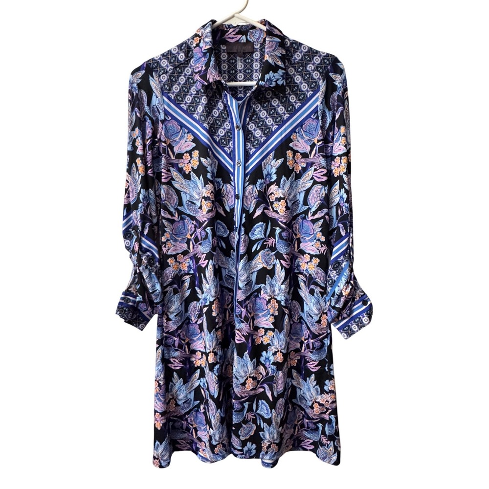 Hale Bob Floral Bird Shirt Dress Pockets Mediterranean Resort Vacation Small